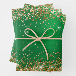 Gold Glitter Green Ombre Foil Holiday Wrapping Paper Sheets