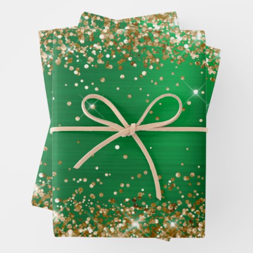 Gold Glitter Green Ombre Foil Holiday Wrapping Paper Sheets