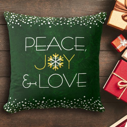 Gold Glitter Green Peace Joy Love Snowflake Modern Throw Pillow