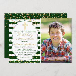 Gold Glitter Green Striped First Communion Photo Invitation