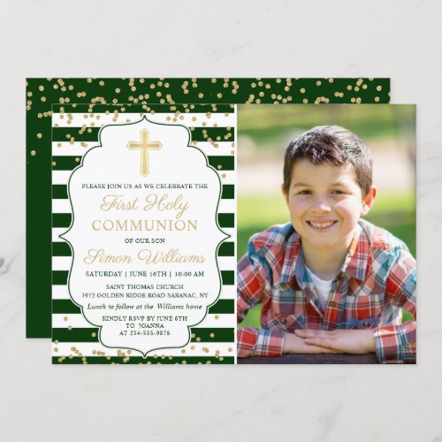 Gold Glitter Green Striped First Communion Photo Invitation