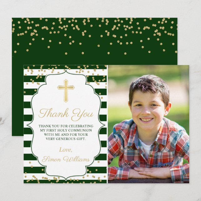Gold Glitter Green Striped First Communion Photo Thank You Card (Front/Back)