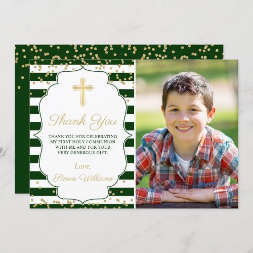 Gold Glitter Green Striped First Communion Photo Thank You Card