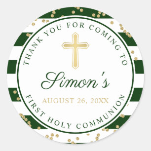 Gold Glitter Green Striped First Holy Communion Classic Round Sticker