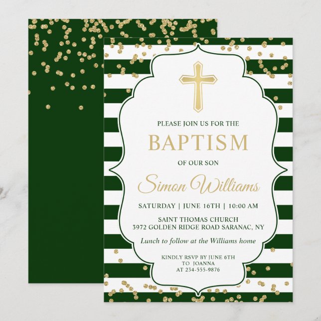 Gold Glitter Green Stripes Boy Baptism Invitation (Front/Back)
