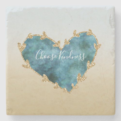 Gold Glitter Green Teal Aqua Blue Earth Heart Stone Coaster