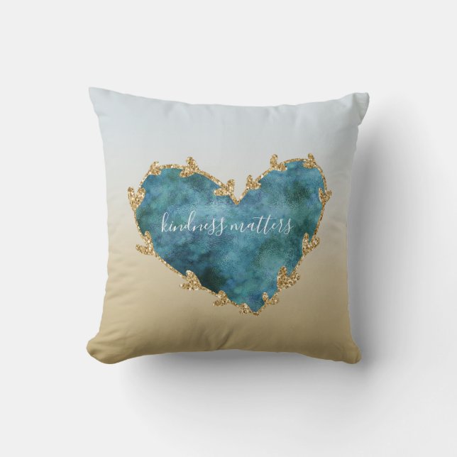 Gold Glitter Green Teal Aqua Blue Earth Heart Throw Pillow (Front)