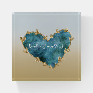 Gold Glitter Green Teal Aqua Blue Heart Paperweight