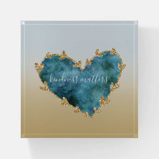 Gold Glitter Green Teal Aqua Blue Heart Paperweight (Front)