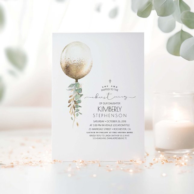 Gold Glitter Greenery Balloon Elegant Christening Invitation (Greenery Garland Balloon Christening Invitations)
