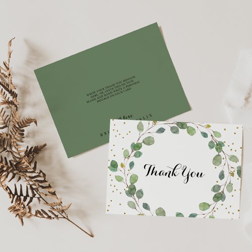 Gold Glitter Greenery Calligraphy Flat Wedding Thank You Card