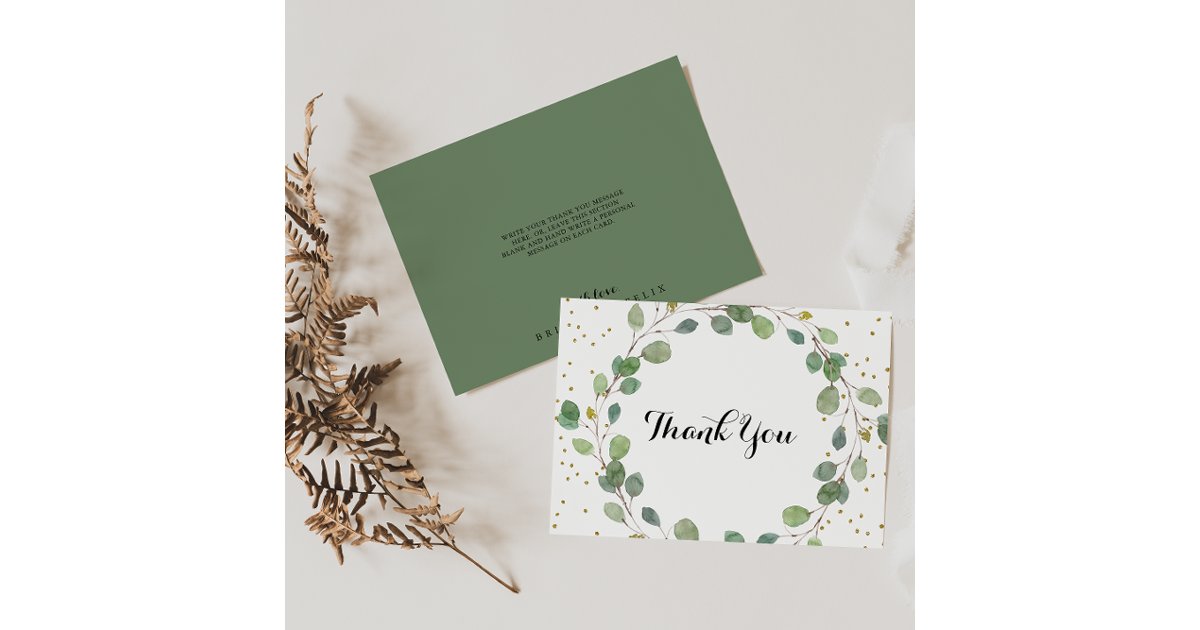 Gold Glitter Greenery Calligraphy Flat Wedding Thank You Card | Zazzle