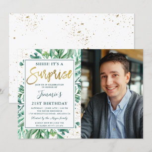 Gold Glitter Greenery Surprise Birthday Photo Invitation