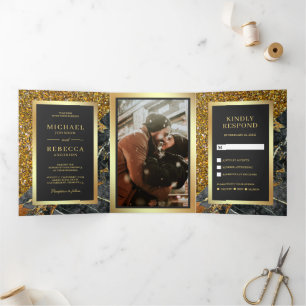 Gold Glitter Grey Marble Photo Wedding Tri-Fold Invitation