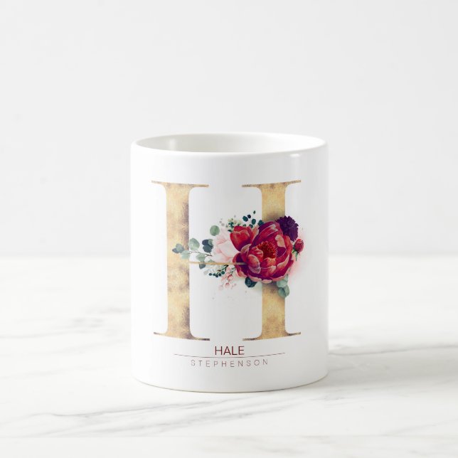 Gold Glitter H Monogram Floral Burgundy Red Coffee Mug (Center)