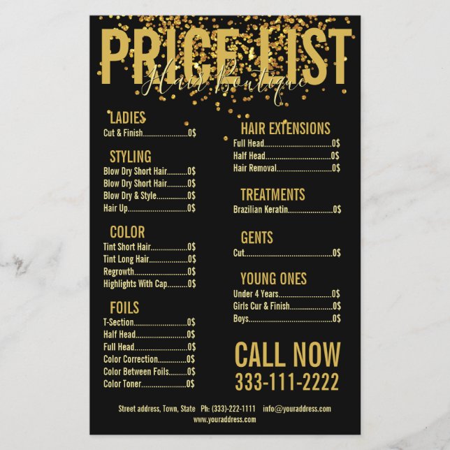 Beauty Salon Price Blow Dry Bar Price List Gold Glitter Hair Cut
