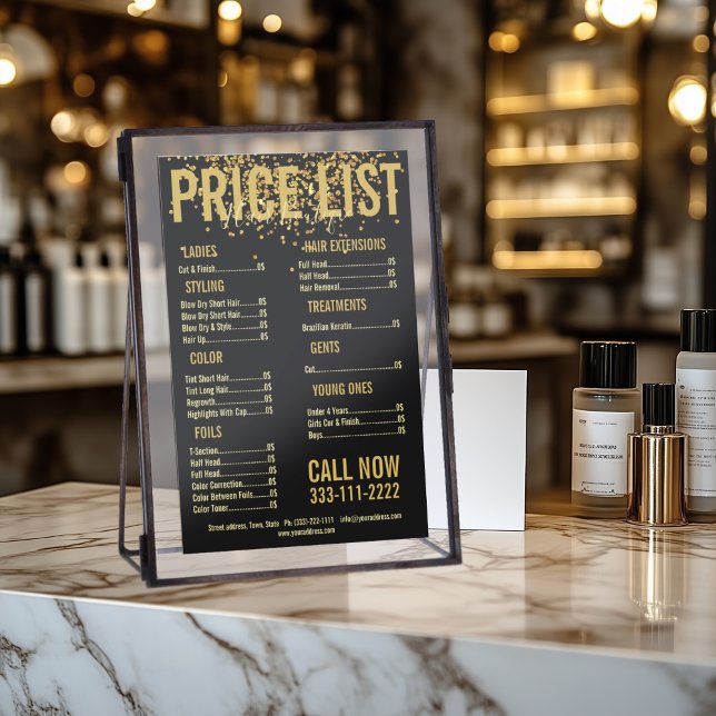 Gold Glitter Hair Cut Stylist Black Price List Flyer (Perfect for business)