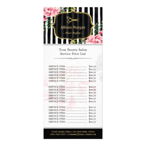 Gold Glitter Hair Salon Pink Floral Price List Rack Card
