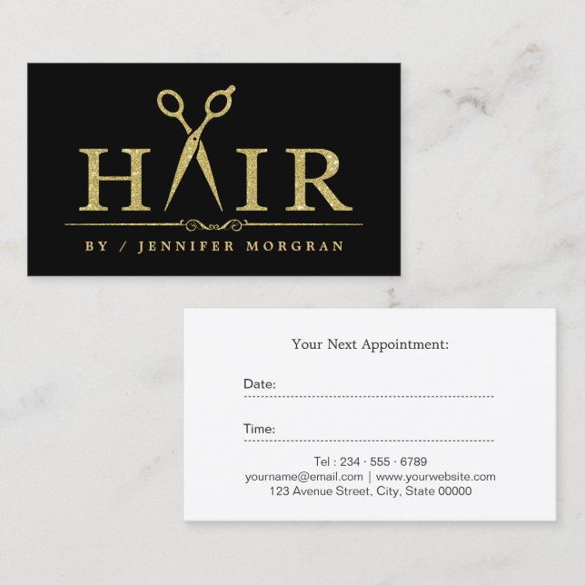 Gold Glitter Hair Stylist Scissors Appointment Card (Front/Back)