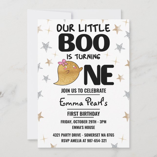 Gold Glitter Halloween First Birthday Girl Party Invitation (Front)
