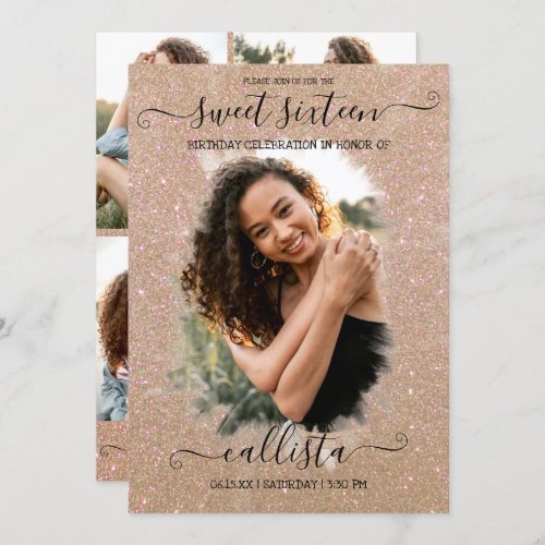 Gold Glitter Halo Photo Collage Sweet 16 Invitation
