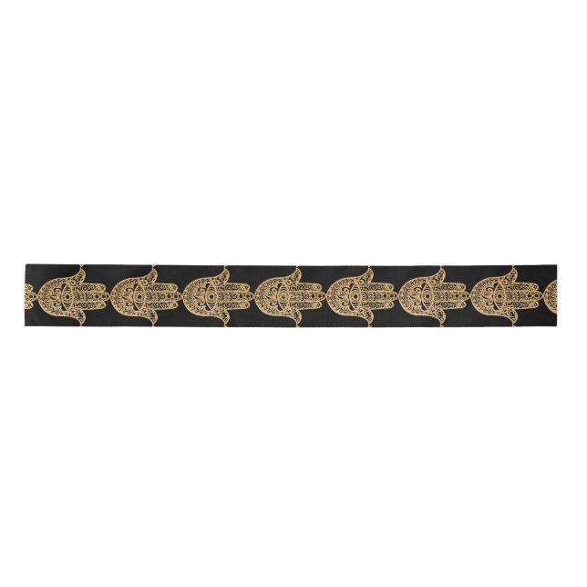 Gold Glitter Hamsa Lucky Hand Mystical Black Satin Ribbon (Front)
