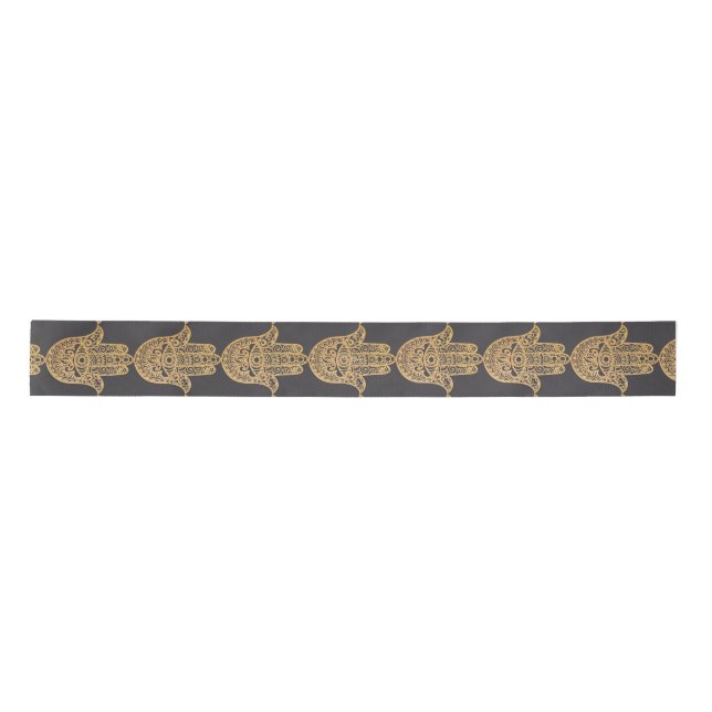 Gold Glitter Hamsa Lucky Hand Mystical Gray Satin Ribbon (Front)