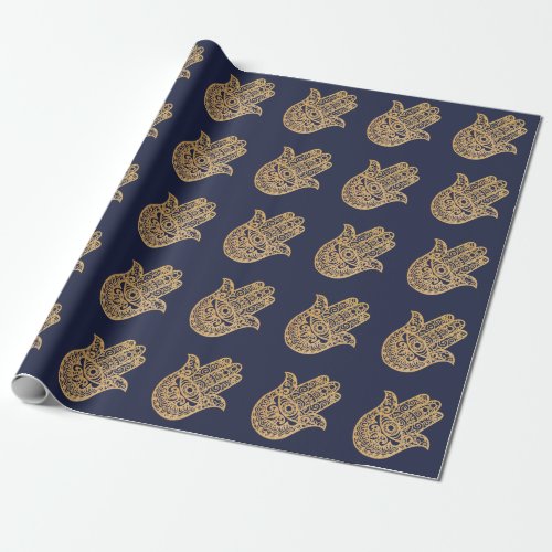 Gold Glitter Hamsa Lucky Hand Mystical navy blue Wrapping Paper