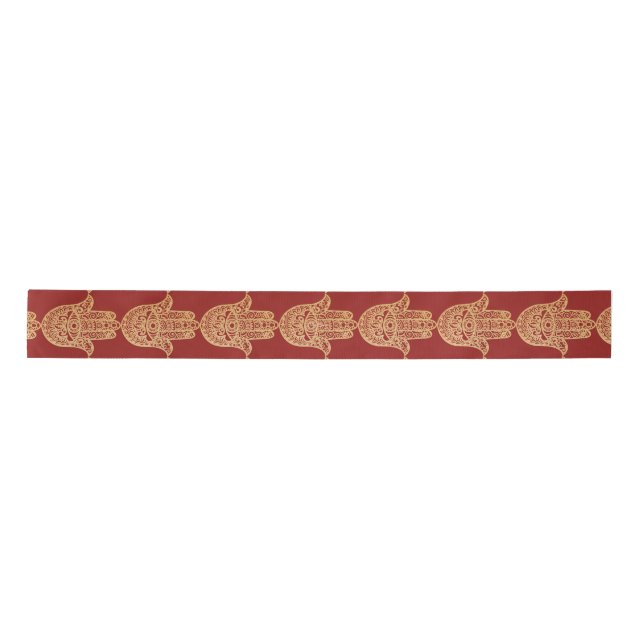 Gold Glitter Hamsa Lucky Hand Mystical Red Satin Ribbon (Front)