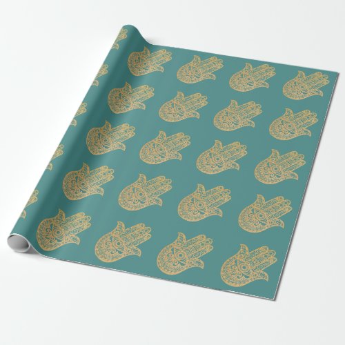 Gold Glitter Hamsa Lucky Hand turquoise Wrapping Paper