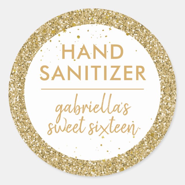Gold Glitter Hand Sanitizer Favor Label Birthday (Front)
