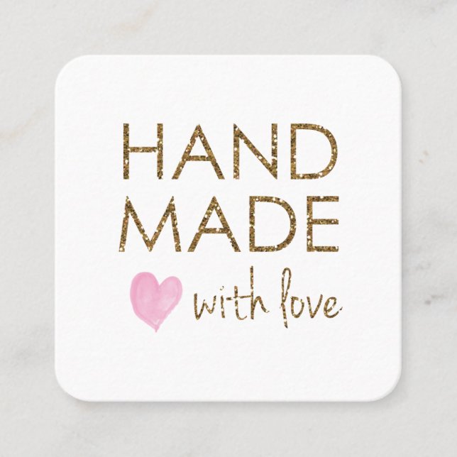 Gold Glitter Handmade with Love Business  Square Business Card (Front)
