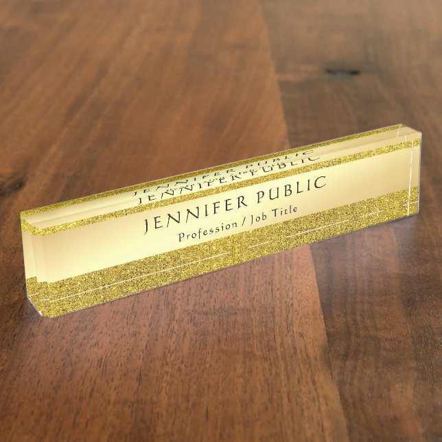 Gold Glitter Handwriting Name Elegant Template Desk Name Plate (Side)