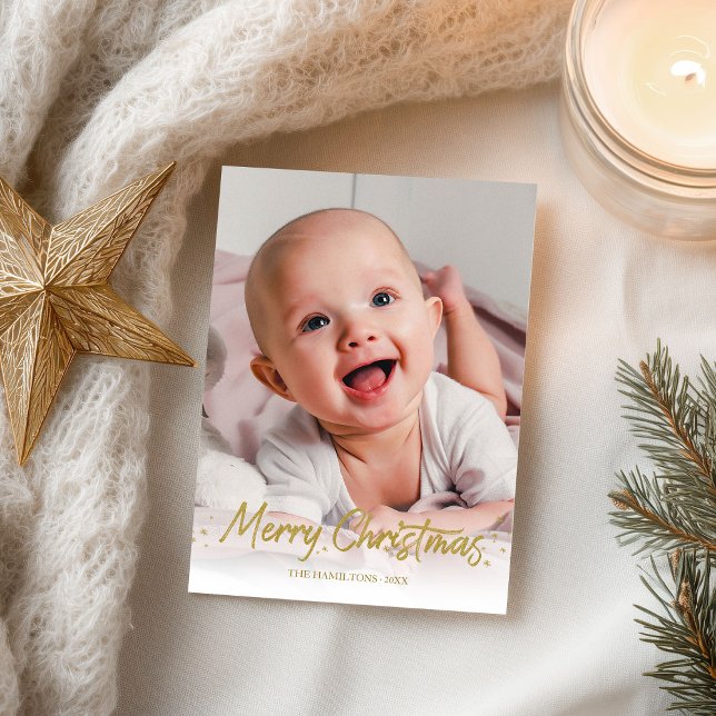 Gold Glitter Handwritten Photo Merry Christmas Postcard (Creator Uploaded)