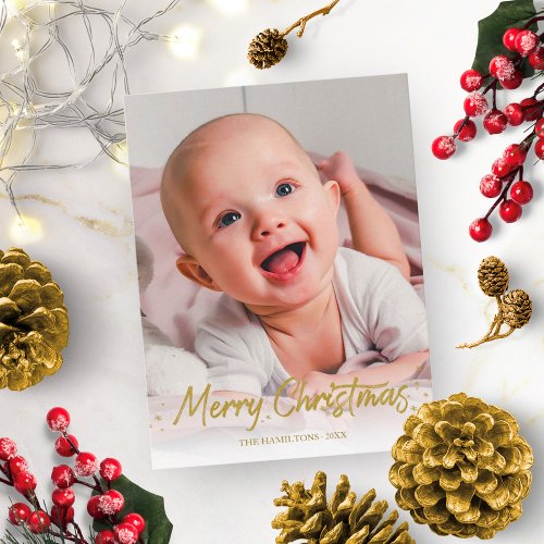 Gold Glitter Handwritten Photo Merry Christmas Postcard