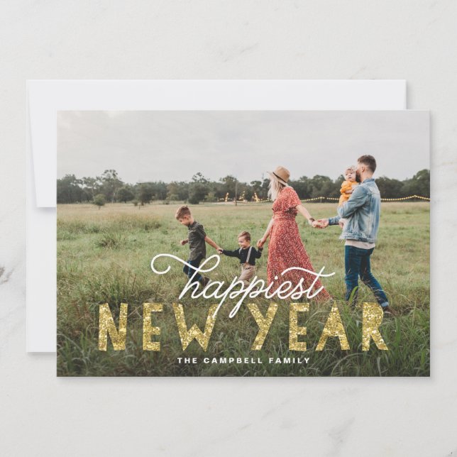 Gold Glitter Happiest New Year Photo Holiday Card (Front)