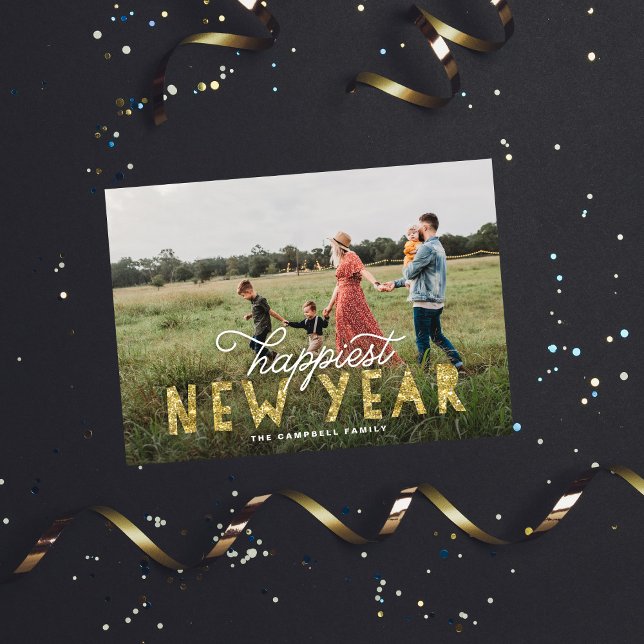 Gold Glitter Happiest New Year Photo Holiday Card (Creator Uploaded)