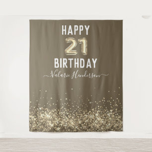 Gold Glitter Happy 21st Birthday Tapestry