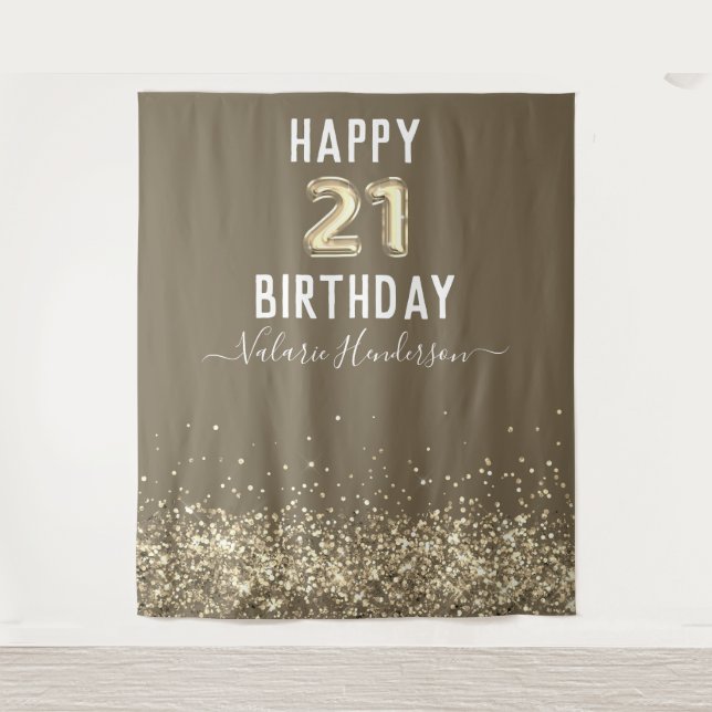 Gold Glitter Happy 21st Birthday Tapestry (Front)