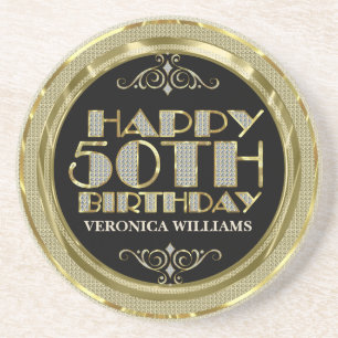 Gold Glitter Happy 50th Birthday Drink Coaster