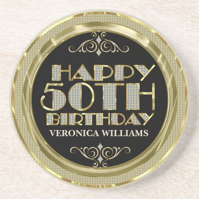 Gold Glitter Happy 50th Birthday Drink Coaster (Front)