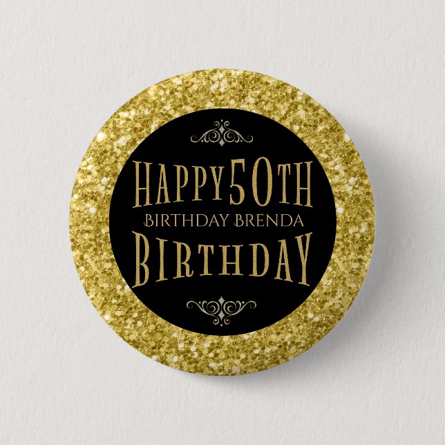 Gold Glitter Happy 50th Birthday Template Pinback Button (Front)