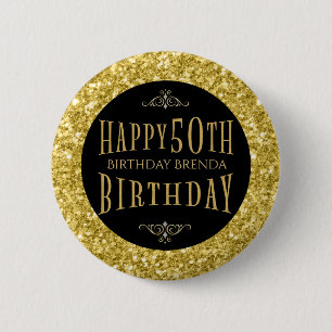 Gold Glitter Happy 50th Birthday Template Pinback Button