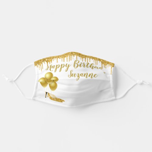 Gold Glitter Happy Birthday Custom Name Balloons Adult Cloth Face Mask