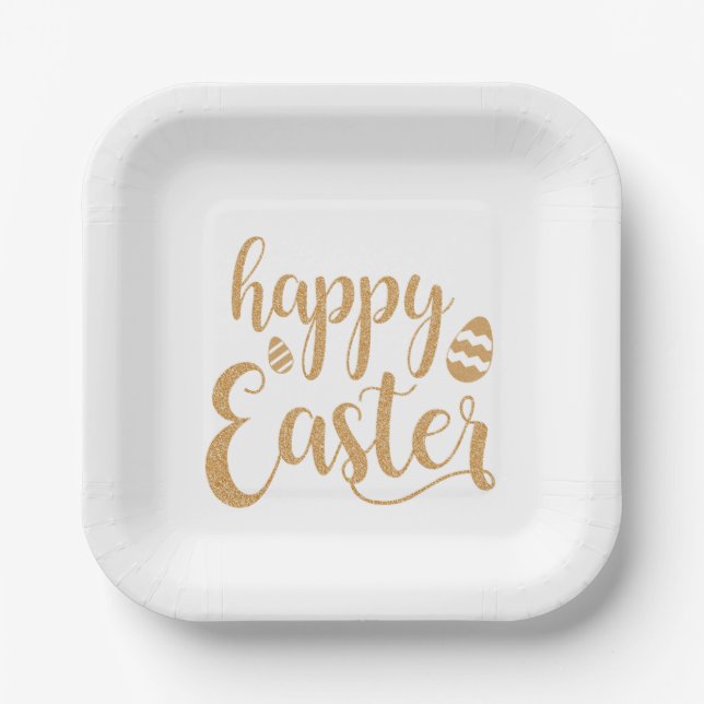 Gold Glitter Happy Easter Egg  Paper Plates (Front)