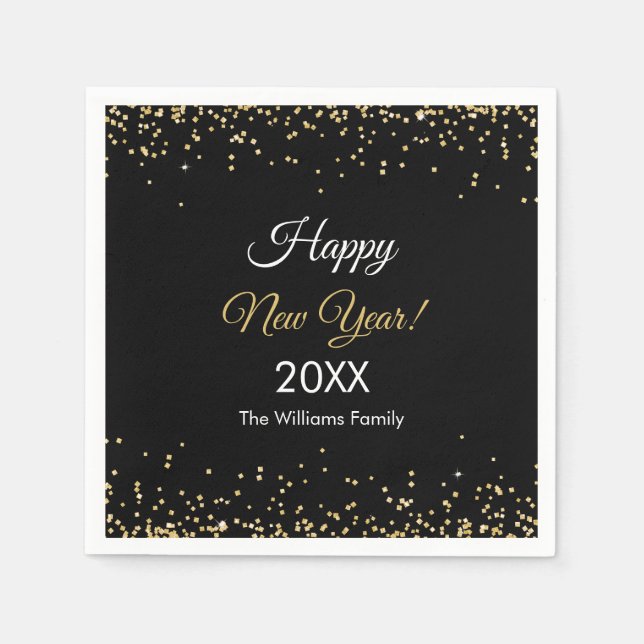 Gold Glitter Happy New Year Black Party Napkins (Front)