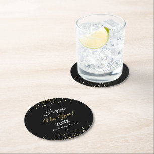 Gold Glitter Happy New Year Black Round Paper Coaster