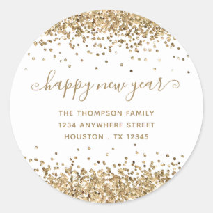 Gold Glitter Happy New Year Name Address White Classic Round Sticker