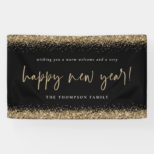 Gold Glitter Happy New Year Name Black Banner