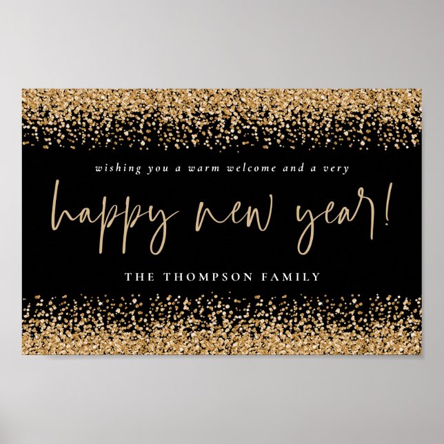 Gold Glitter Happy New Year Name Black Printable Poster (Front)